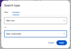 Google Search Console's search type comparison filter (web text vs web multimodal)