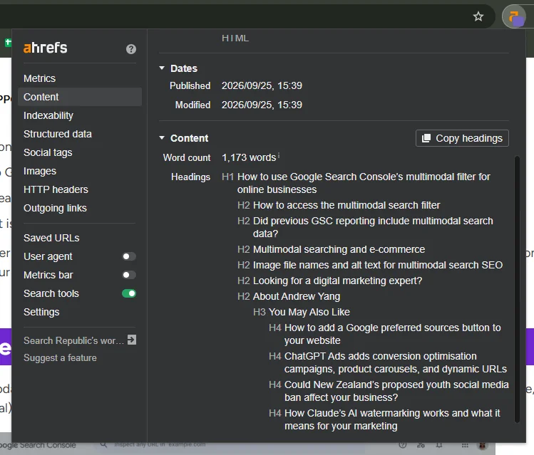 Ahrefs SEO toolbar extension showing nested HTML document heading structure