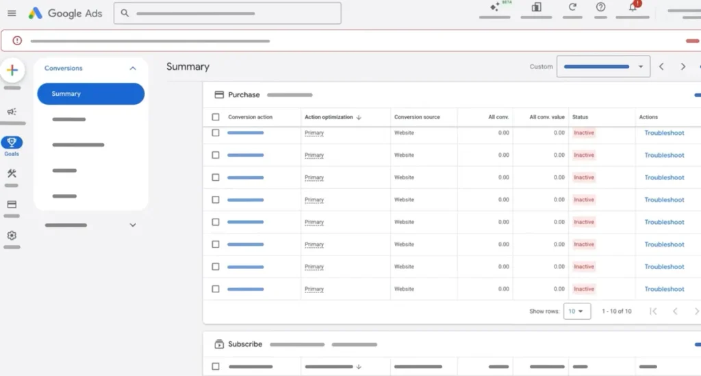 Google Ads conversion tracking screen example