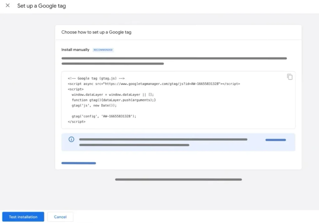 Google Ads conversion tracking tag setup screen, with example Google Tag code